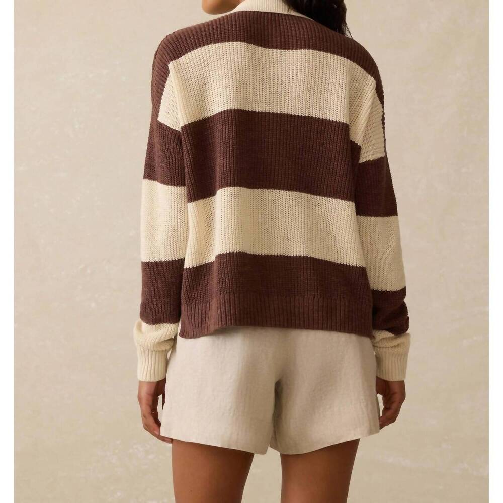 NEW FAHERTY miramar linen polo sweater in cocoa rugby stripe - Picture 3 of 4
